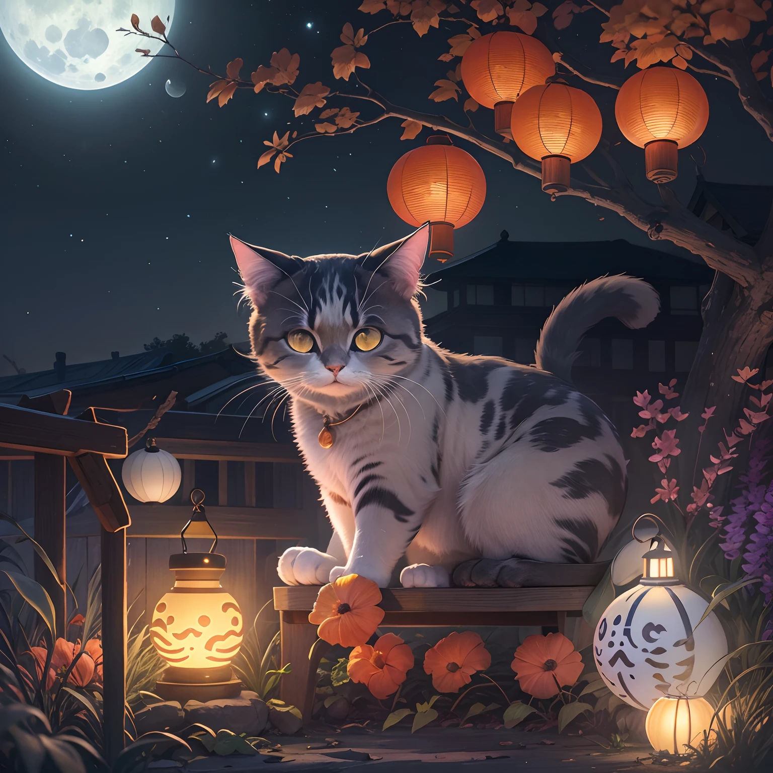 Mid-Autumn Full Moon, A round-eyed cat carrying a Mid-Autumn Festival lantern, yard.