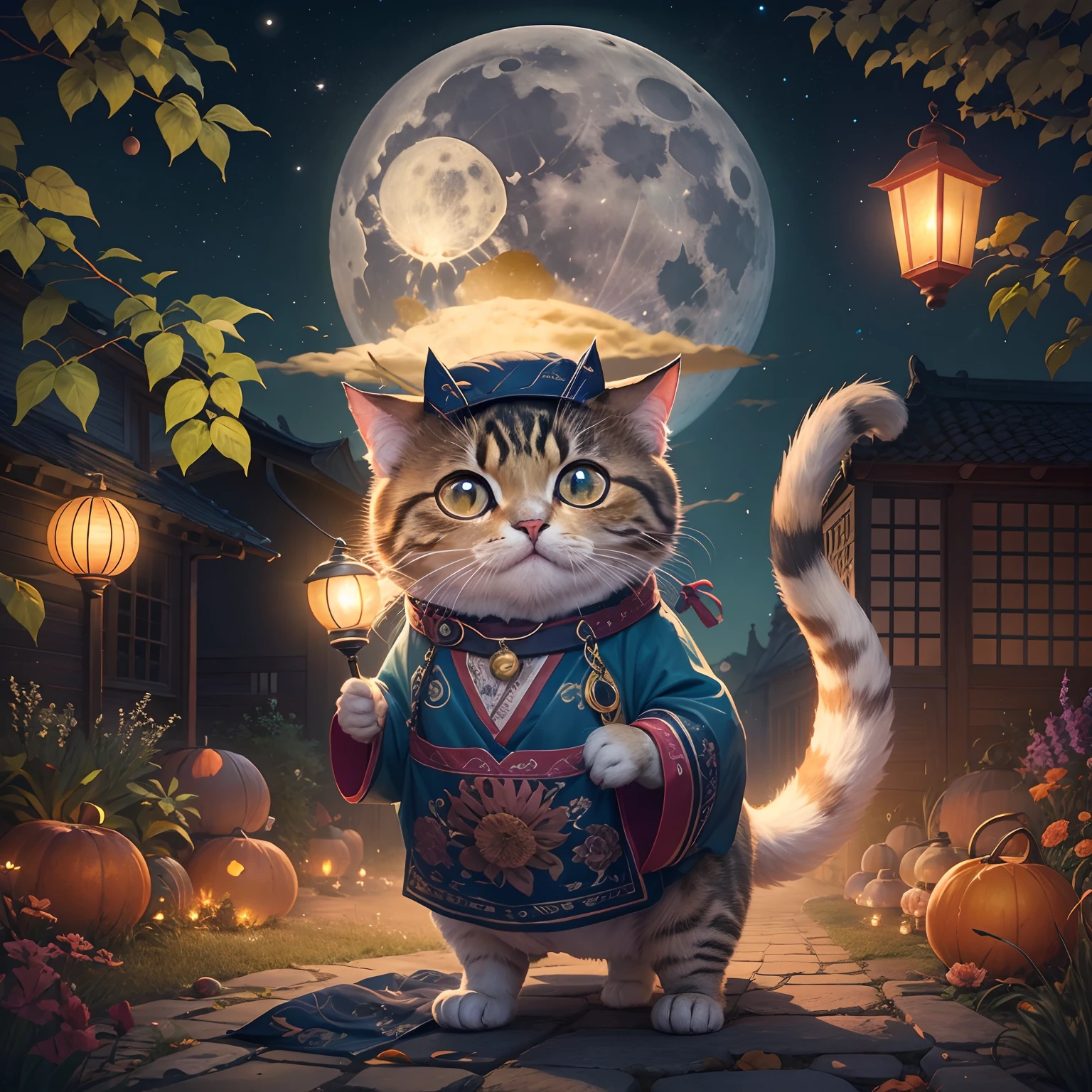 Mid-Autumn Full Moon, A round-eyed cat carrying a Mid-Autumn Festival lantern, yard.