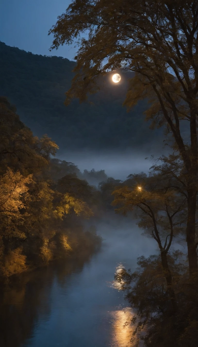 Mid-autumn night view，Not a single person，Beautiful views，The moon is reflected on the waves of water，Heaven and earth are pure，Autumn colors are clear，Everything was beautiful，The starry sky hides its brilliance，Give way to moonshine，Golden wind and water dew reflect dazzling light，It's that the human world has changed a lot，The moon is still permanent