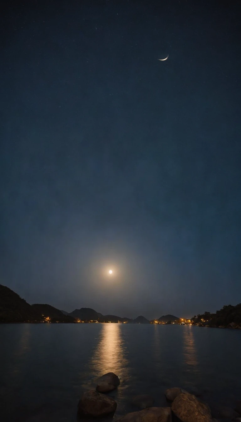 Mid-autumn night view,Not a single person,Beautiful views,The moon is reflected on the waves of water,Heaven and earth are pure,Autumn colors are clear,Everything was beautiful,The starry sky hides its brilliance,Give way to moonshine,Golden wind and water dew reflect dazzling light,It's that the human world has changed a lot,The moon is still permanent