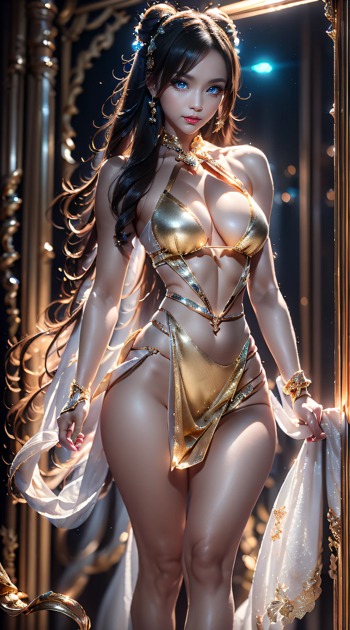 8k, masterpiece, RAW photo, best quality, detail:1.2),photorealistic, extremely detailed CG unity 8k wallpaper, Lens Flare, (extremely beautiful face, beautiful red lips, beautiful eyes), intricate detail face, ((ultra detailed skin)), 1girl, in the dark, deep shadow, pretty girl, (slim slender fit-muscled body:1.3), ((looking at viewer)), (big smile), (laced dress), (city night, (neon sign), (night), pantyhose, clear eyes, walking, face forward, (((big brown eyes))), ((upper body shot)), dress, laced dress, turning back, back shot, very slim, slander, ((white braid hair over shoulder)), (((white: gold: skirt dress: gloves lace)))))), 3D, rich colors, (black makeup:1.3), (lace stockings with garters, cord trim, lace), (Intricate detailed multi-layer bodysiut lacy lace-upp), necklace, bracelets