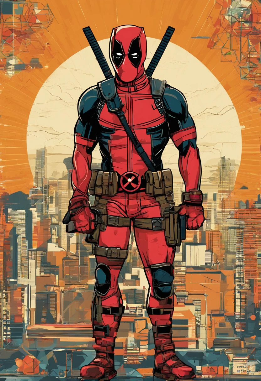 (nvinkpunk:1.2) (estilo snthwve:0.8) DEADPOOL, anthro, lightwave, sun sunset, intrincado, altamente detalhado, estampa de camiseta