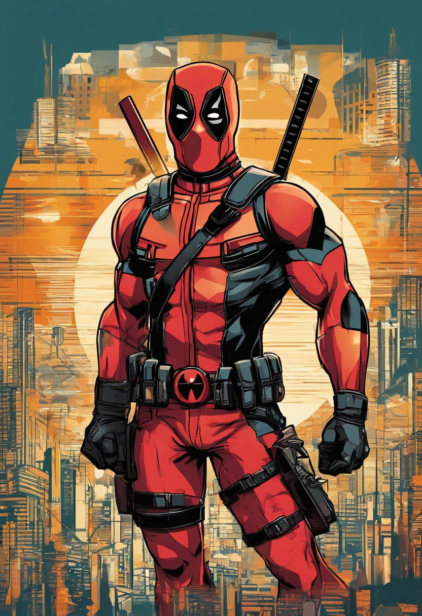 (nvinkpunk:1.2) (estilo snthwve:0.8) DEADPOOL, anthro, lightwave, sun sunset, intrincado, altamente detalhado, estampa de camiseta