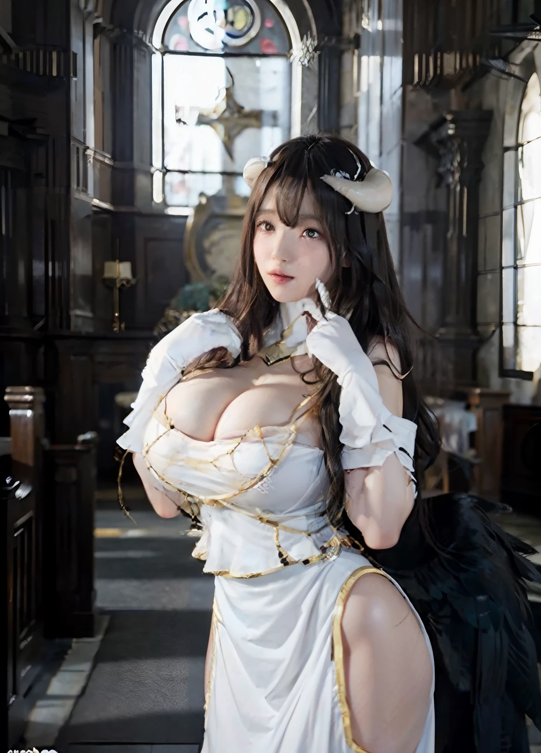 albedo from overlord, trending on pixiv, Trending Anime Hyperrealism, White Devil's Horn,black feathers on the waist,,,,, curvy but slender, Signature White Dress, Signature pose at the mansion,(Huge breasts:1.2)、(Soft breasts:1.2),drooping bangs、Background Church、the color of the plumage is black,