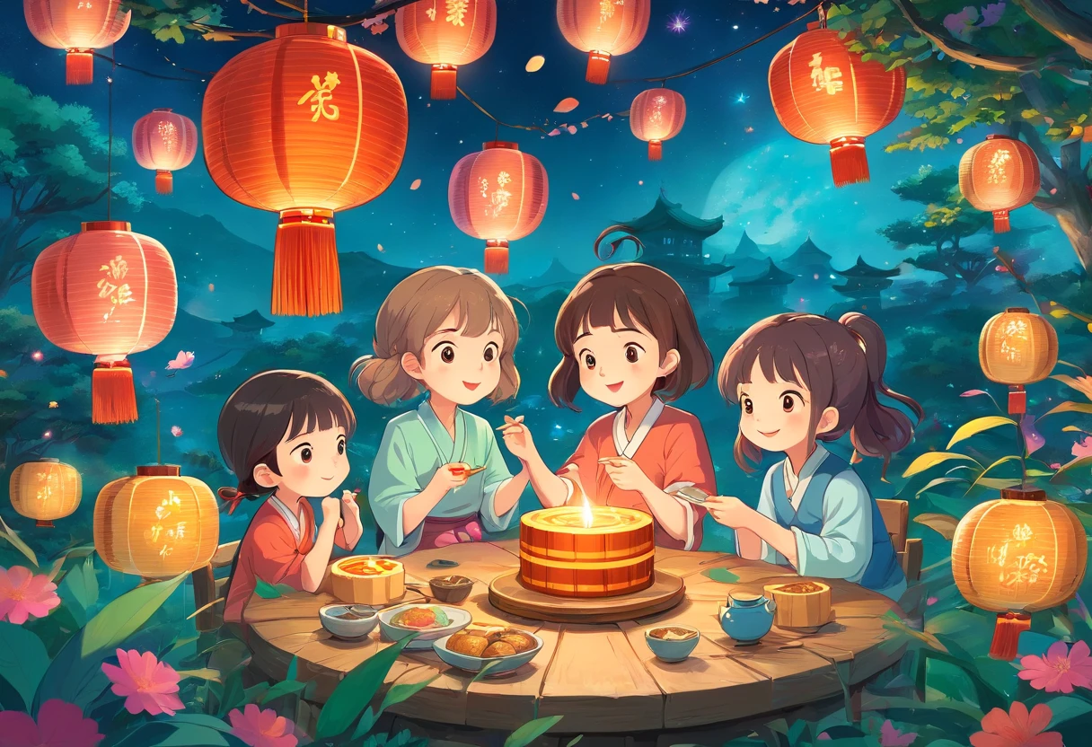 Eat mooncakes together during the Mid-Autumn Festival,In the garden,Colorful lanterns,Mid-Autumn Festival,full moon,Cartoon picture Normal background, A beautiful artwork illustration, Colorful illustration, colorful kids book illustration, Colorful illustrations, archan nair, painting illustration, fairy-tale illustration style, editorial illustration colorful, colorful concept art, dreamlike illustration, Colorful! Character design, Wonderful illustrations, illustrated in whimsical style, Exquisite digital illustration