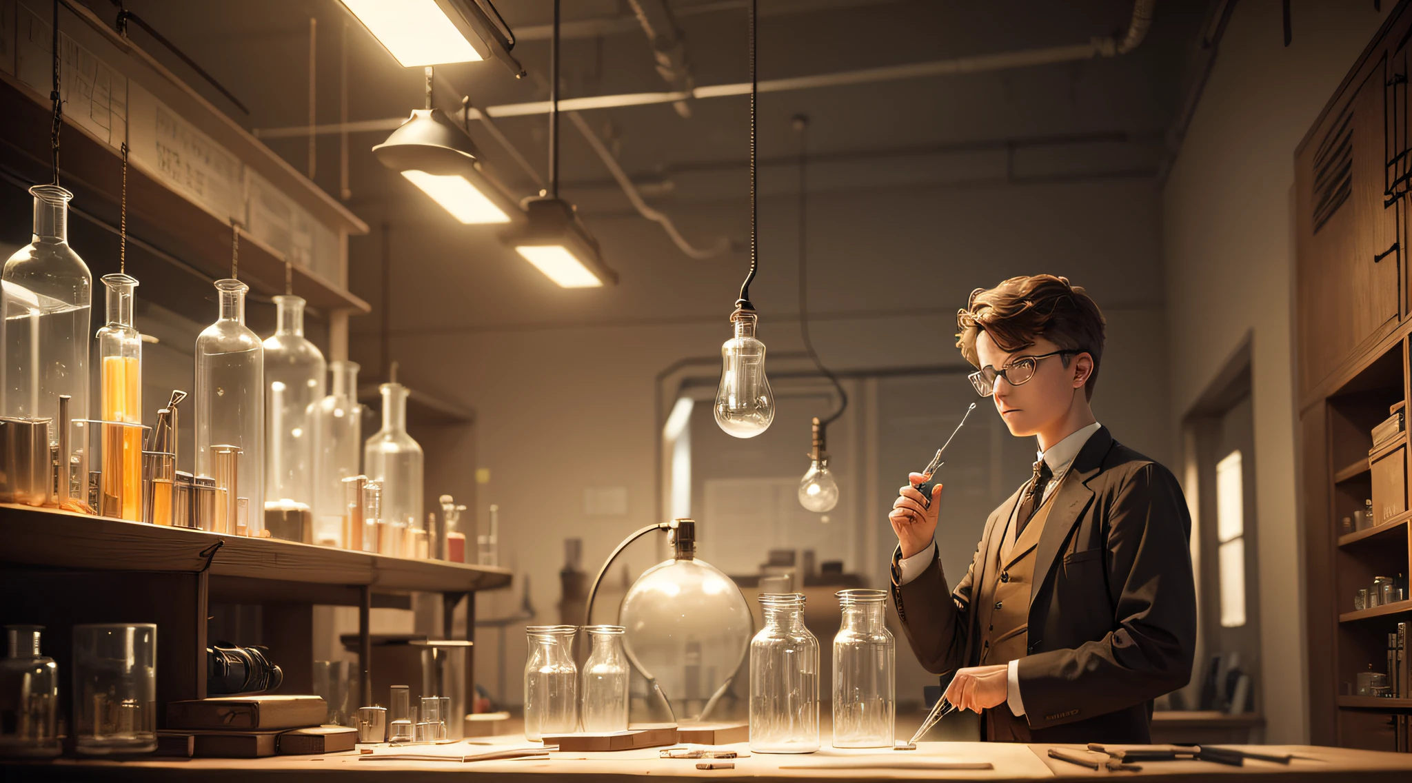 The young scientist Edison conducted experiments in a large, bright laboratory，Test tube in hand，Wear glasses