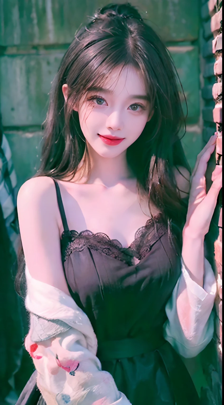 (A hyper-realistic)、(illustratio)、(hight resolution)、(8K)、(ighly detailed)、(Best Illustration)、(beautifully detailed eyes)、(top-quality)、(ultra-detailliert)、(​masterpiece)、(wall-paper）、（A detailed face）、独奏、1 girl in、looking at viewert、fine detailed、A detailed face、in the darkness nigth、deep-shadows、lowkey、pureerosfaceace_v1、A smile、long、Black shawl straight hair、46-point diagonal bangs,　（silk dresses、long  skirt）(off shoulders）View of the castle、、Stand against the wall