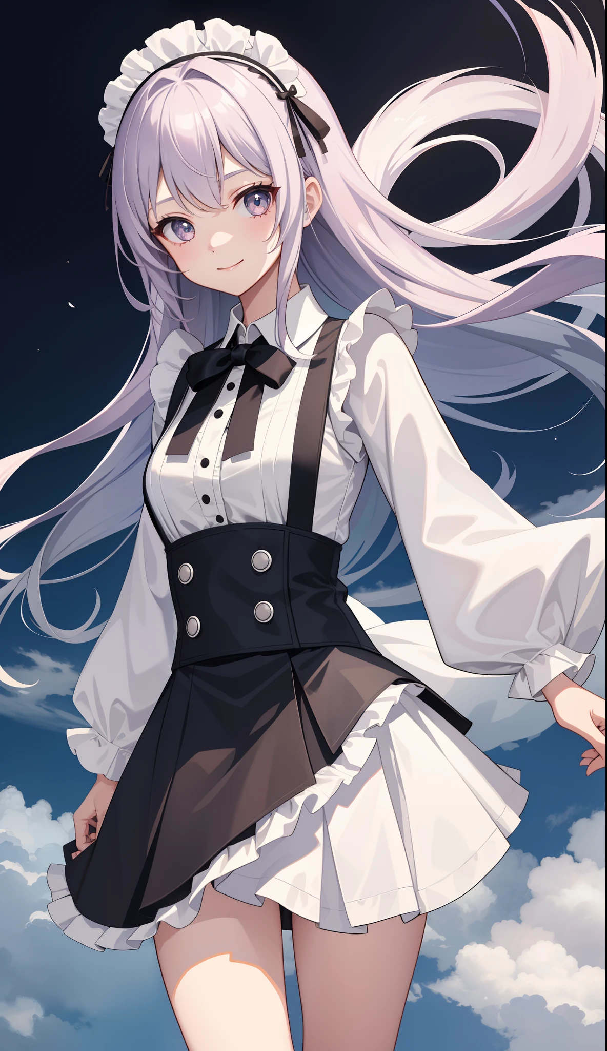 1girl in、AS-Adult、A smile、The shirt、Mini skirt、pantiy、(small tits)、doress、pinafore、Hair decoration、(Maid costume)、Walking with a thigh、Upper body portrait、