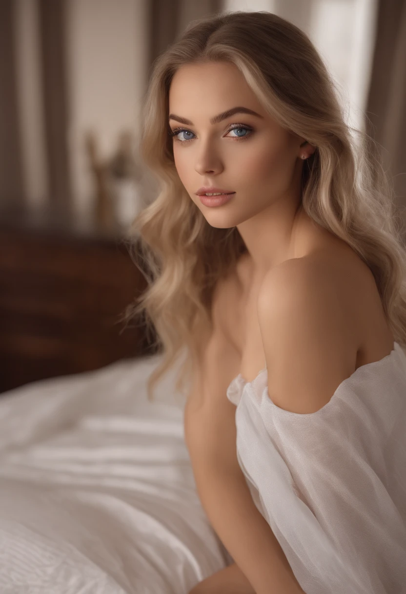 arafed woman fully , sexy girl with blue eyes, ultra realistic, meticulously detailed, portrait sophie mudd, blonde hair and large eyes, selfie of a young woman, bedroom eyes, violet myers, without makeup, natural makeup, looking directly at the camera, face with artgram, subtle makeup, stunning full body shot kneeling on bed, in bedroom, medium to large size bust