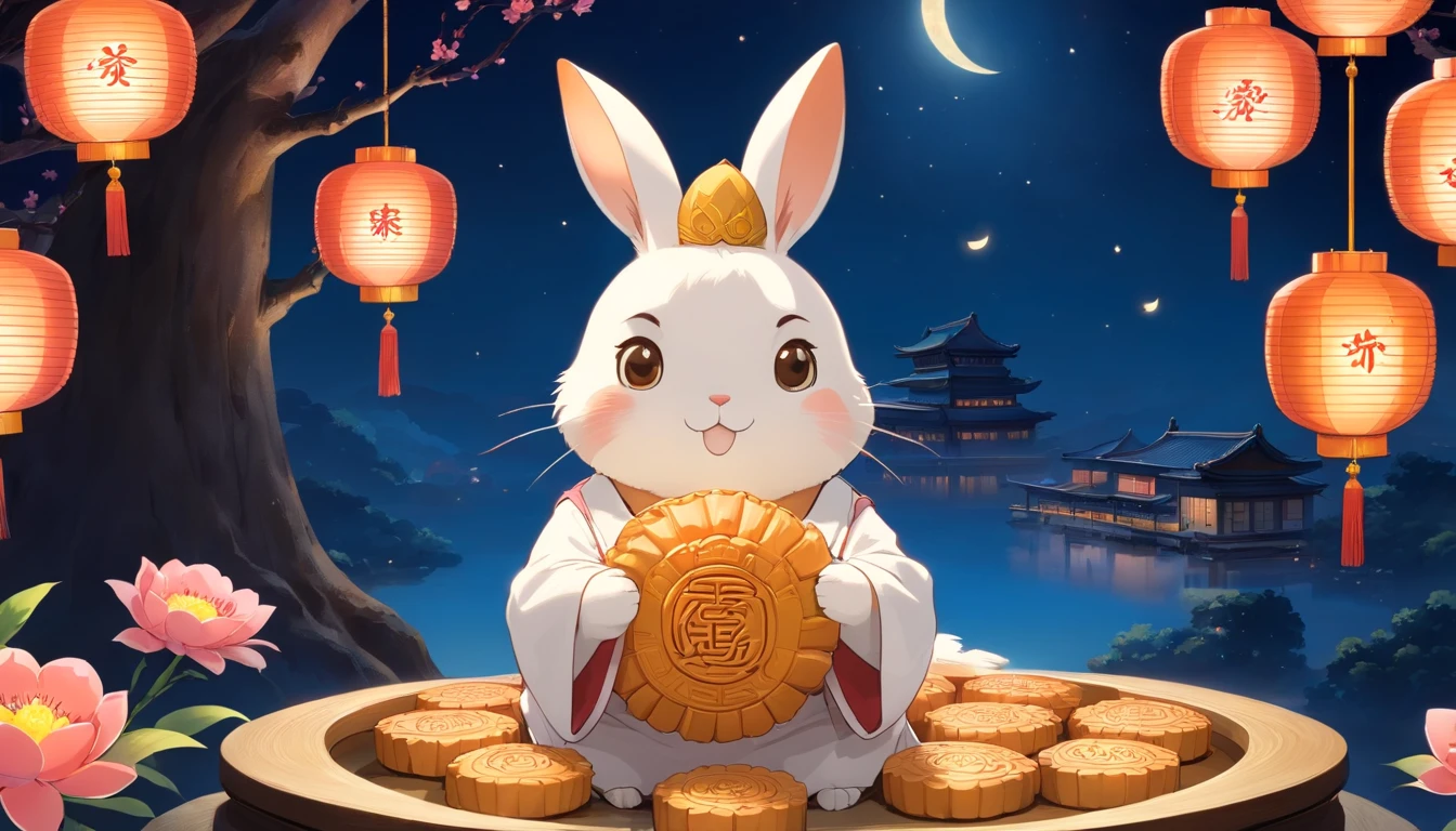 Delicious mooncakes，cinematic ligh，professional photoshooting，studio lit，studio context，advertisement photography，Complicated details，hyper-detailing，Ultra photo realsisim，8K UHD，Place on a blue and white porcelain plate，closeup cleavage，Leave white space，adorable rabbit，Holding mooncakes，Admire the big moon，peach blossom，lanterns，mid-autumn festival