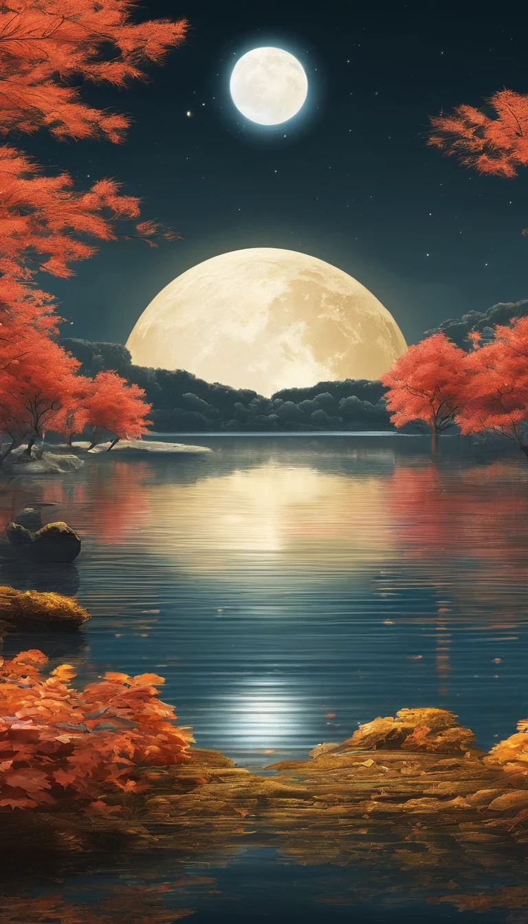 Mid-autumn night view，Not a single person，Beautiful views，The moon is reflected on the water waves，Heaven and earth are pure，Autumn colors are clear，Everything was beautiful，The starry sky hides its brilliance，Give way to moonshine，Golden wind and water dew reflect dazzling light，It is that the human world changes a lot，The moon is still permanent