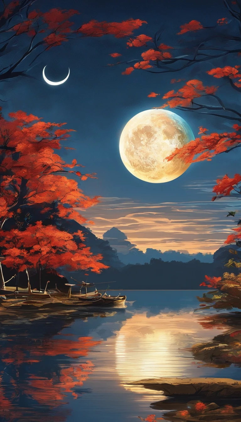 Mid-autumn night view，Not a single person，Beautiful views，The moon is reflected on the water waves，Heaven and earth are pure，Autumn colors are clear，Everything was beautiful，The starry sky hides its brilliance，Give way to moonshine，Golden wind and water dew reflect dazzling light，It is that the human world changes a lot，The moon is still permanent