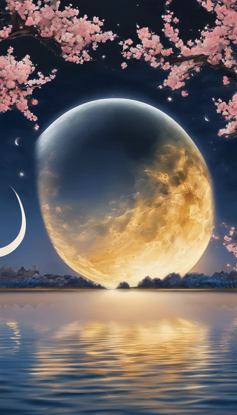 Mid-autumn night view，Not a single person，Beautiful views，The moon is reflected on the water waves，Heaven and earth are pure，Autumn colors are clear，Everything was beautiful，The starry sky hides its brilliance，Give way to moonshine，Golden wind and water dew reflect dazzling light，It is that the human world changes a lot，The moon is still permanent