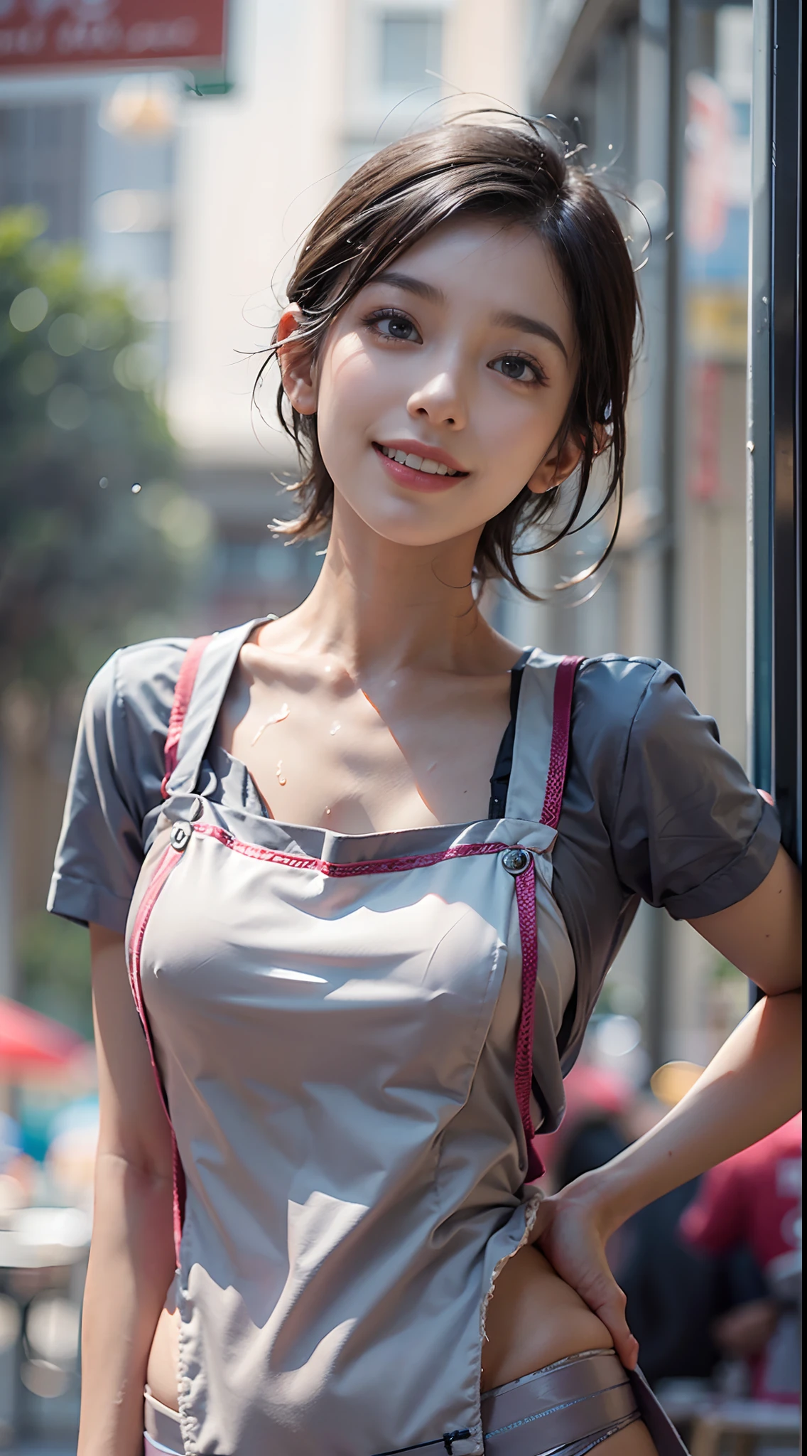 (The to the FW), 1womanl, Solo, 24 year old, 7headed body, (cute face), (Ideal ratio body proportions), ((Composition from head to thigh)), resturant, (((Cook Uniform))), erectile nipple, Sexy body, Wet, Smiling smile, short-hair, Dark hair, small tits, A slender, Small buttocks, beauty legs, Skinny Legs, surrealism, Cinematic lighting, depth of fields, One-person viewpoint, F/1.8, 135 mm, nffsw, masutepiece, ccurate, ((Anatomically correct)), Textured skin, Super Detail, high details, High quality, awardwinning, Best Quality, hight resolution, 8K