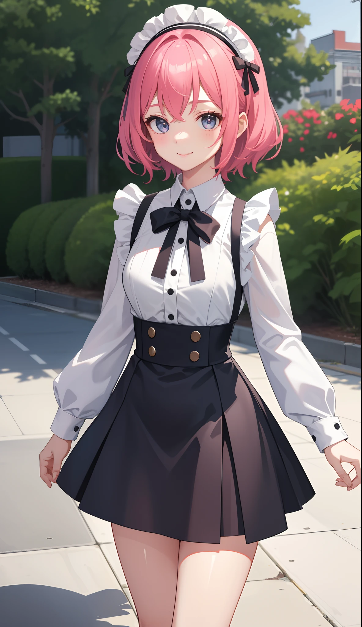 1girl in、AS-Adult、A smile、The shirt、Mini skirt、pantiy、（small tits）、doress、pinafore、Hair decoration、（Maid costume）、Walking with a thigh、Upper body portrait、