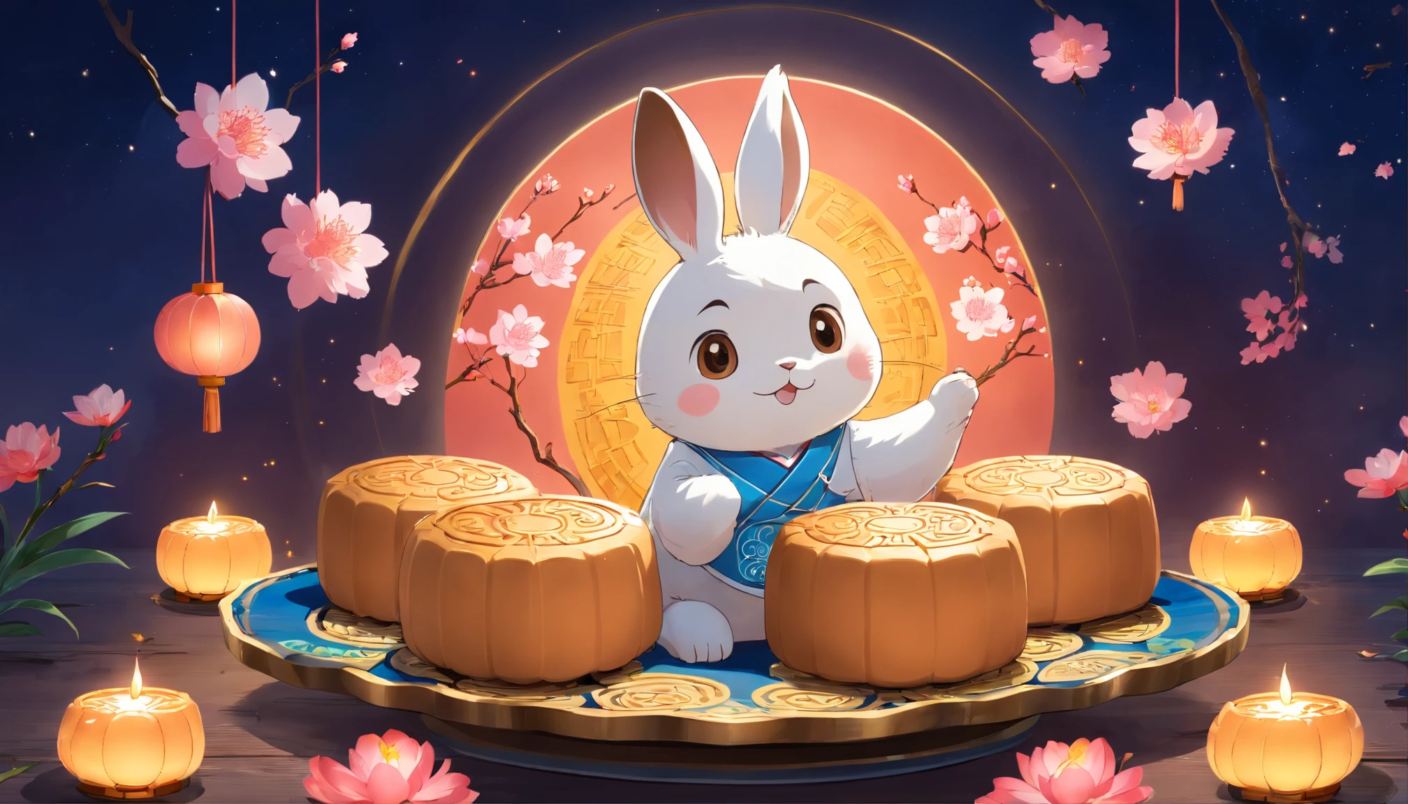 Delicious mooncakes，cinematic ligh，professional photoshooting，studio lit，studio context，advertisement photography，Complicated details，hyper-detailing，Ultra photo realsisim，8K UHD，Place on a blue and white porcelain plate，closeup cleavage，Leave white space，adorable rabbit，Holding mooncakes，Admire the big moon，peach blossom，lanterns，mid-autumn festival