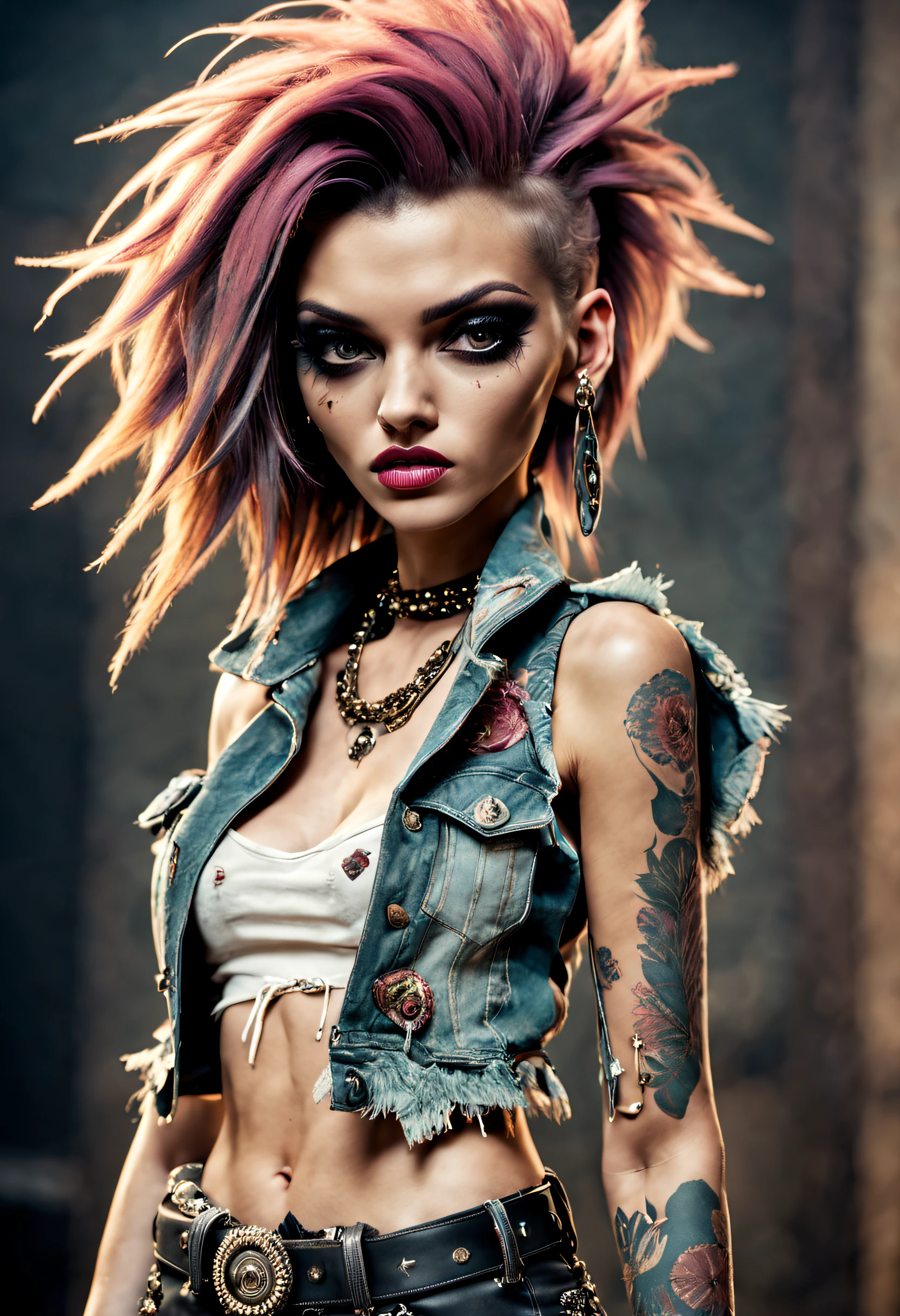 Grunge style masterpiece, best quality, cinematic lighting, natural shadow ,highest detail, detailed background, depth of field, insane details, subsurface scattering, dynamic angle, girl, high-fashion style, designer clothing, runway-inspired looks, luxurious fabrics, statement accessories, couture designs, trend-setting outfits, . Textured, distressed, vintage, edgy, punk rock vibe, dirty, noisy,
