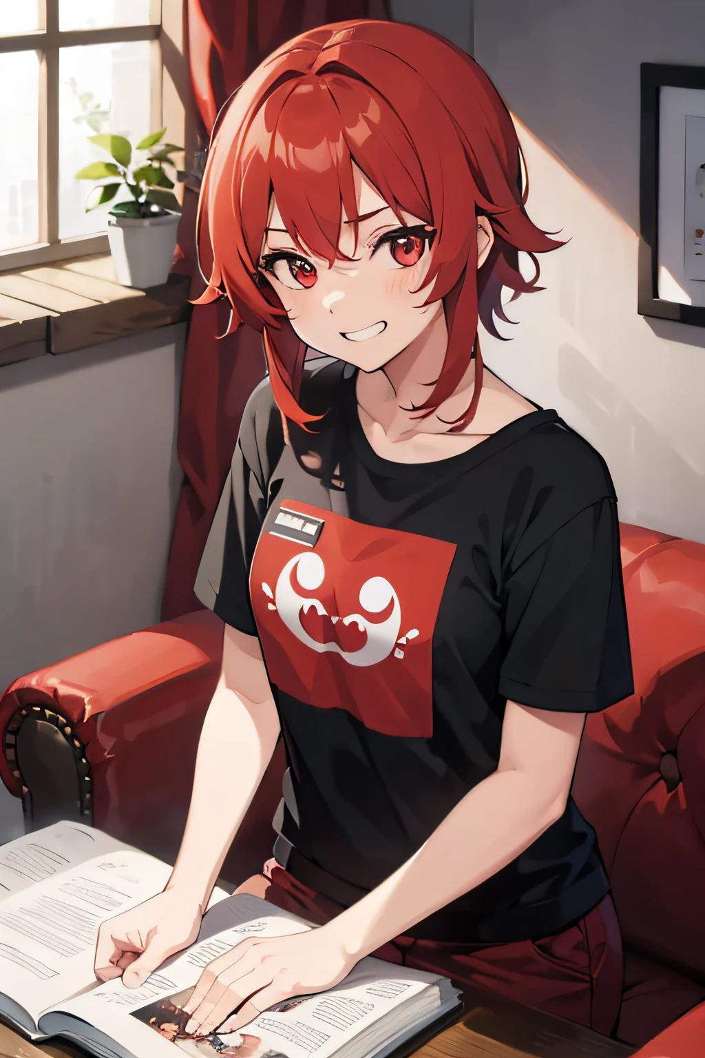 1girl, chest. tomboy, ikkemen, princely, grinning, happy, red hair, red eyes, studying, tshirt and cargo pants, living room