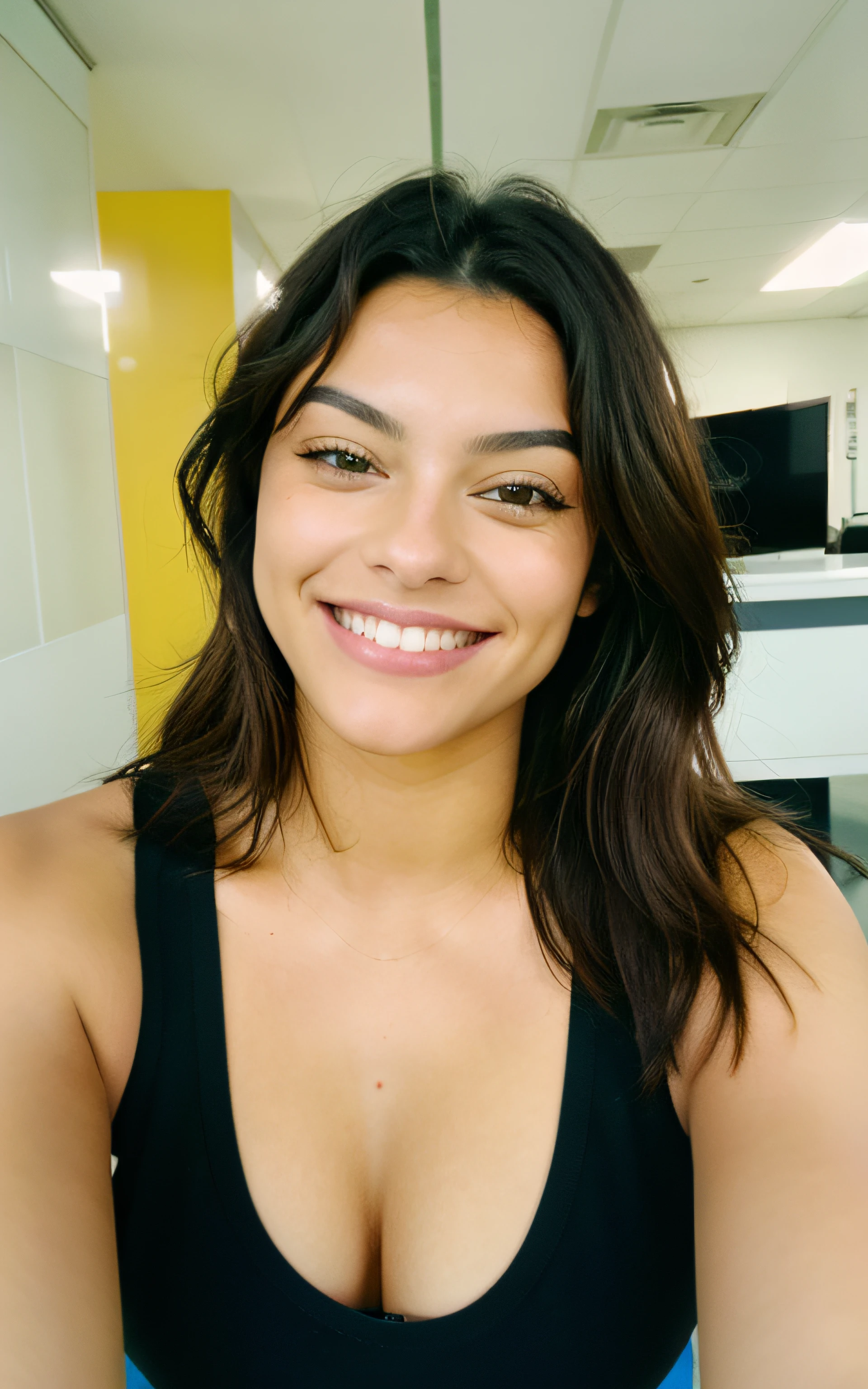 Kodak disposable camera photo of a beautiful female, smiling suggestively, sitting in an office