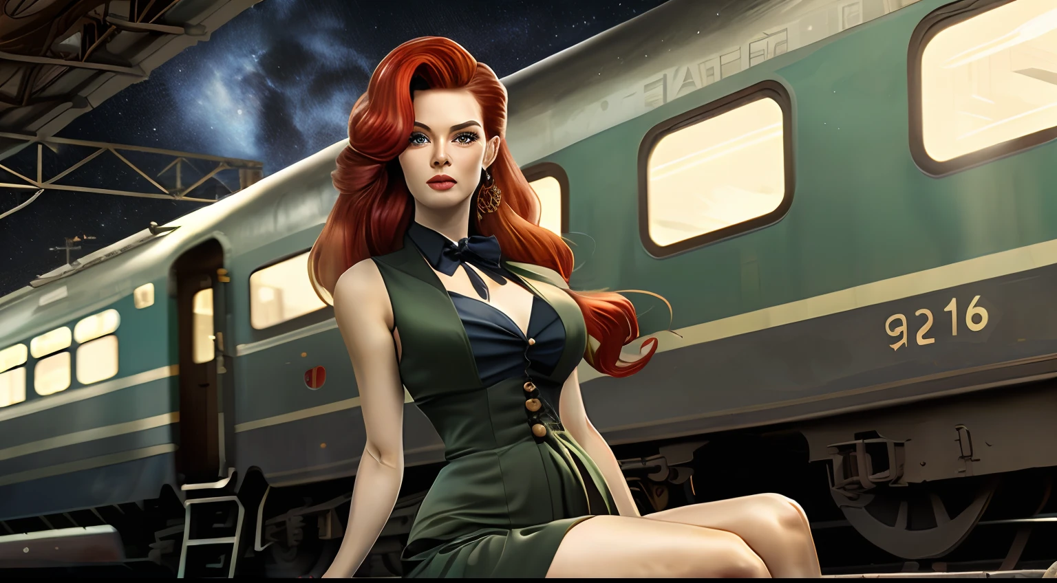 Masterpiece, (trains tracks at train station), bright starry sky, Romantic train, reflection, detailed scenery —width 672, enhanced details, official art, dynamic angle, (ultra wide shot), RAW, photorealistic, ultra detailed, aesthetically pleasing, High quality, masterpiece, best quality, a woman red hair, beautiful face, green eyes, sexy pose, pinup art, wearing (steampunk medium length dark green dress) with leather boots and green top hat (1.6 intricate details, Masterpiece, best quality), thick hair, long hair, auburn red hair, fair skin intense ((brown)) eyes, in front of Red and blue train on the tracks in a (train yard), 4 0 9 6, trains in the background, locomotive, train, golden engines, choo choo, trains, biomechanical railroad, glamorous and sexy, red hair, beautiful face, brown eyes, sexy pose, pinup art, pin - up, pin-up, pin up, pinup, pin - up girl, pin up girl, pinup girl, (outlined iris), ((perfectly balanced eyes)),