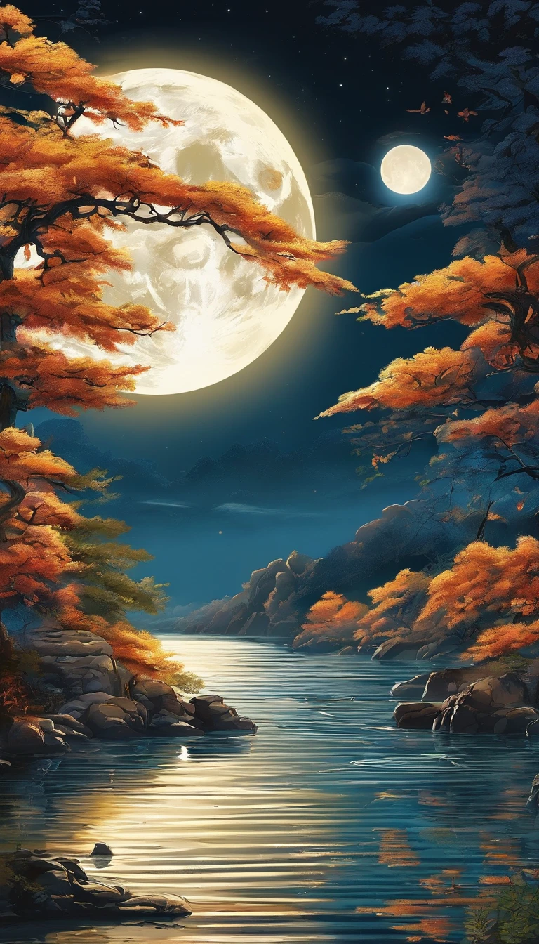 Mid-autumn night view,Not a single person,Beautiful views,The moon is reflected on the waves of water,Heaven and earth are pure,Autumn colors are clear,Everything was beautiful,The starry sky hides its brilliance,Give way to moonshine,Golden wind and water dew reflect dazzling light,It's that the human world has changed a lot,The moon is still permanent
