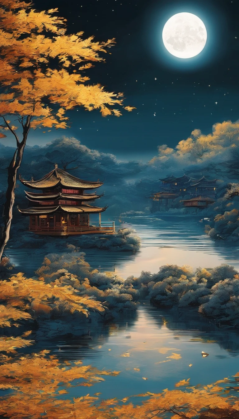 Mid-autumn night view,Not a single person,Beautiful views,The moon is reflected on the waves of water,Heaven and earth are pure,Autumn colors are clear,Everything was beautiful,The starry sky hides its brilliance,Give way to moonshine,Golden wind and water dew reflect dazzling light,It's that the human world has changed a lot,The moon is still permanent