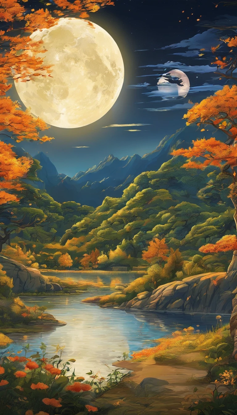 Mid-autumn night view,Not a single person,Beautiful views,The moon is reflected on the waves of water,Heaven and earth are pure,Autumn colors are clear,Everything was beautiful,The starry sky hides its brilliance,Give way to moonshine,Golden wind and water dew reflect dazzling light,It's that the human world has changed a lot,The moon is still permanent