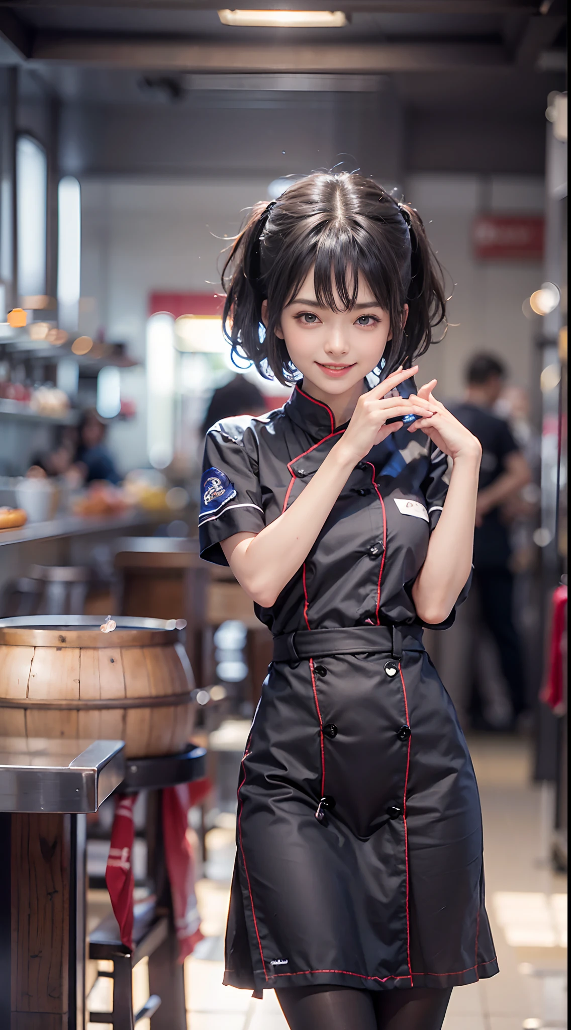 (NSFW), 1womanl, Solo, 24 year old, 7headed body, (cute face), (Ideal ratio body proportions), ((Composition from head to thigh)), resturant, (((Cook Uniform))), erectile nipple, Sexy body, Wet, Smiling smile, short-hair, Dark hair, small tits, A slender, Small buttocks, beauty legs, Skinny Legs, surrealism, Cinematic lighting, depth of fields, One-person viewpoint, F/1.8, 135 mm, nffsw, masutepiece, ccurate, ((Anatomically correct)), Textured skin, Super Detail, high details, High quality, awardwinning, Best Quality, hight resolution, 8K