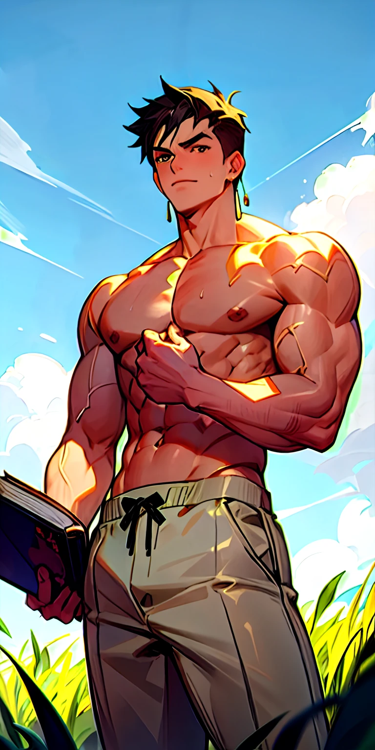 1boy,, masterpiece, best quality, shirtless boy in a grassy field with blue sky and clouds. The man is muscular and well built, with shiny body and defined muscles. The man is wearing a beige-white pant which has intricate motifs. The man is wearing a single earring, and holding a book close by. Dynamic pose, sexy expression. Non NSFW. Safe for work.