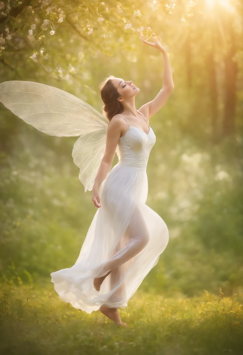 Uma foto profissional de alta qualidade, in 4k resolution, captura em detalhes realistas uma garota encantadora em um pijama branco fofo com orelhas e rabo de raposa. She's sitting in the middle of an enchanted forest, where each element is portrayed to perfection. As texturas do pijama, ears and tail are sharp and palpable. A luz do sol incide sobre as folhas e ilumina suavemente o rosto da menina, highlighting every delicate and charming expression