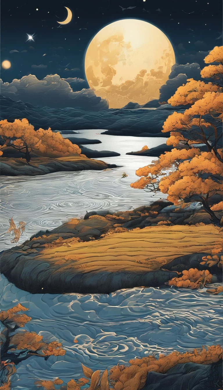 Mid-autumn night view,Not a single person,Beautiful views,The moon is reflected on the waves,Heaven and earth are pure,Autumn colors are clear,Everything was beautiful,The starry sky hides its brilliance,Give way to moonshine,Golden wind and water dew reflect dazzling light,It's that the human world has changed a lot,The moon is still permanent