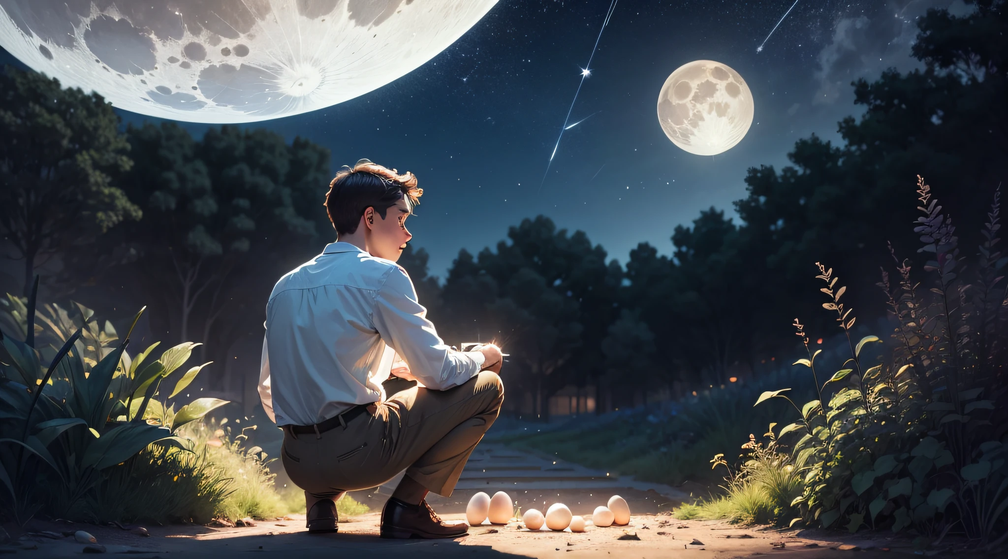 Edison, a young scientist, crouched in the yard，There are a lot of eggs under the butt，There are trees in the yard，There is a fence，There is a big moon in the sky，There are shooting stars in the sky