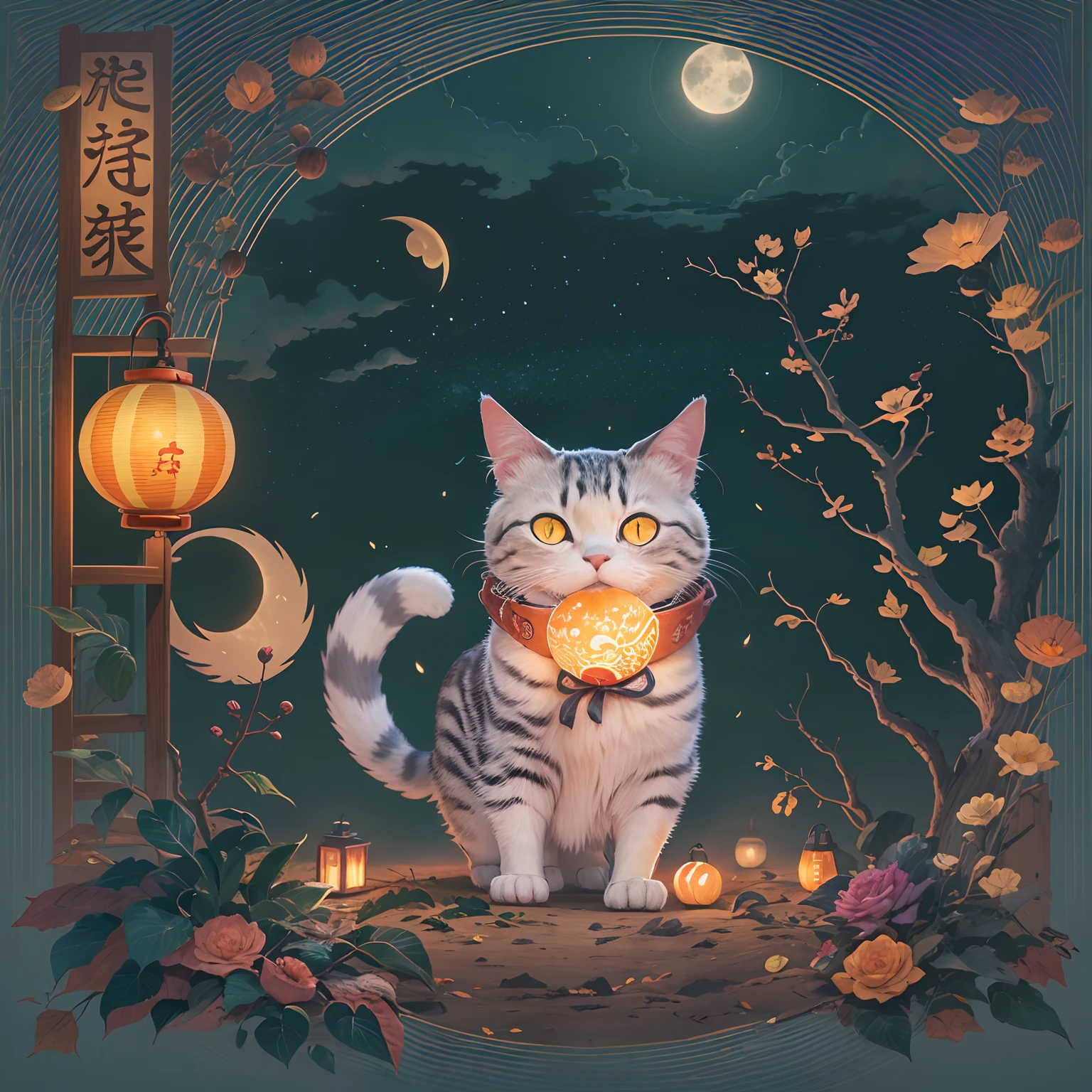 Mid-Autumn Full Moon, A round-eyed cat carrying a Mid-Autumn Festival lantern, yard.