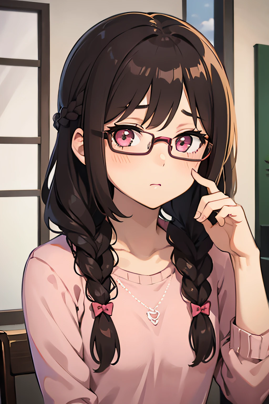 (best quality, masterpiece:1.2), illustrations, a cute girl, cute face, kawaii, very lovingly face,
 -yeld, ey teee braid:1.2), dark brown hair, shiny hair,
 light brown eyes, cute eyes droopy eyes, glasses,
 large breasts, large buttocks, voluptuous,
 chemise,
 BREAK (orgasm face, aroused, blush:1.2), (steam), white background,