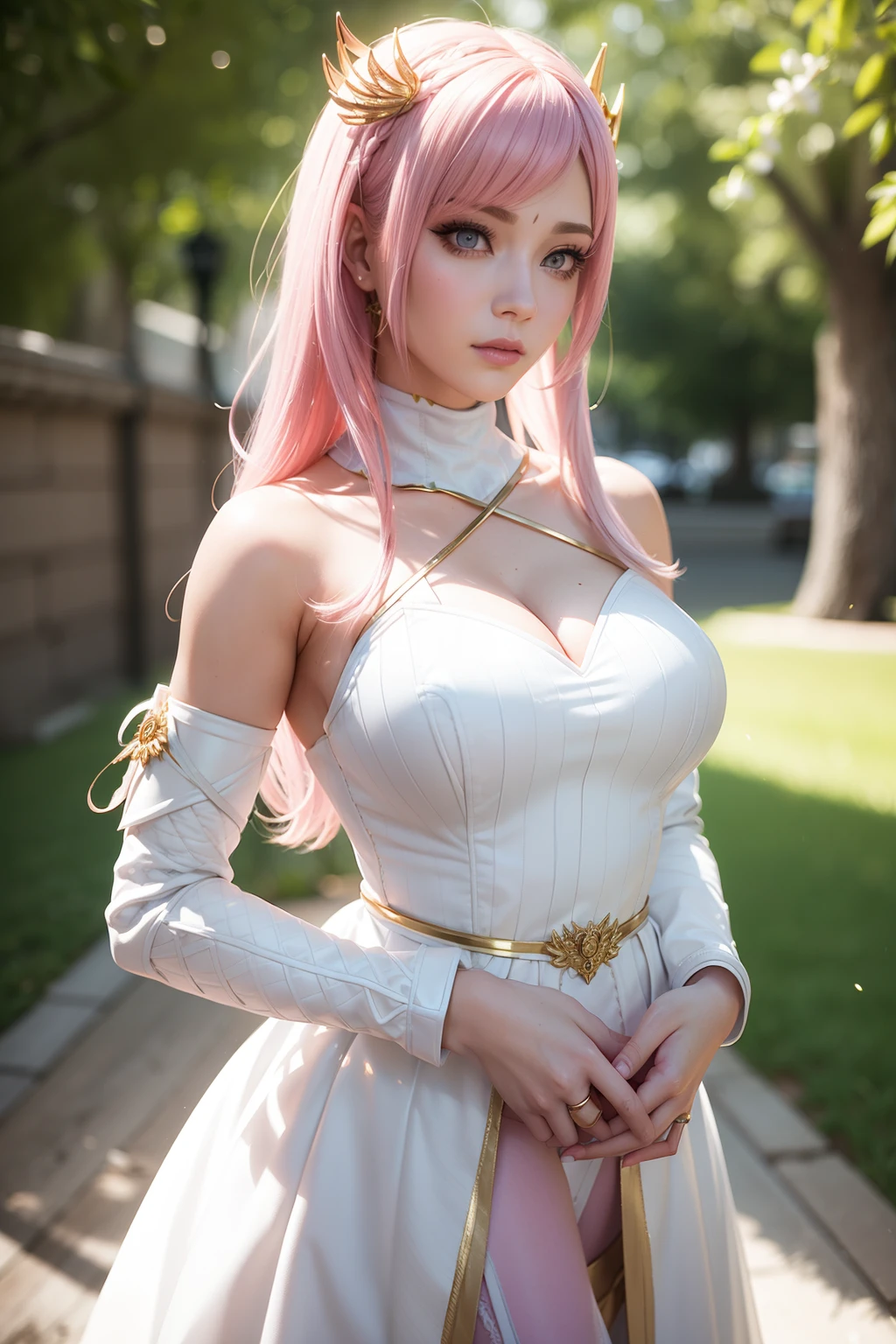 From face to the waist::1, realistic skin texture, zbrush::1 realistic super detailed hair, 3d::1, front view::1, white princess costume armor::1,panning photography::1, vaporwave::1, golden hour, unreal engine::1, zbrush::1, pink hair::1, bold makeup::1