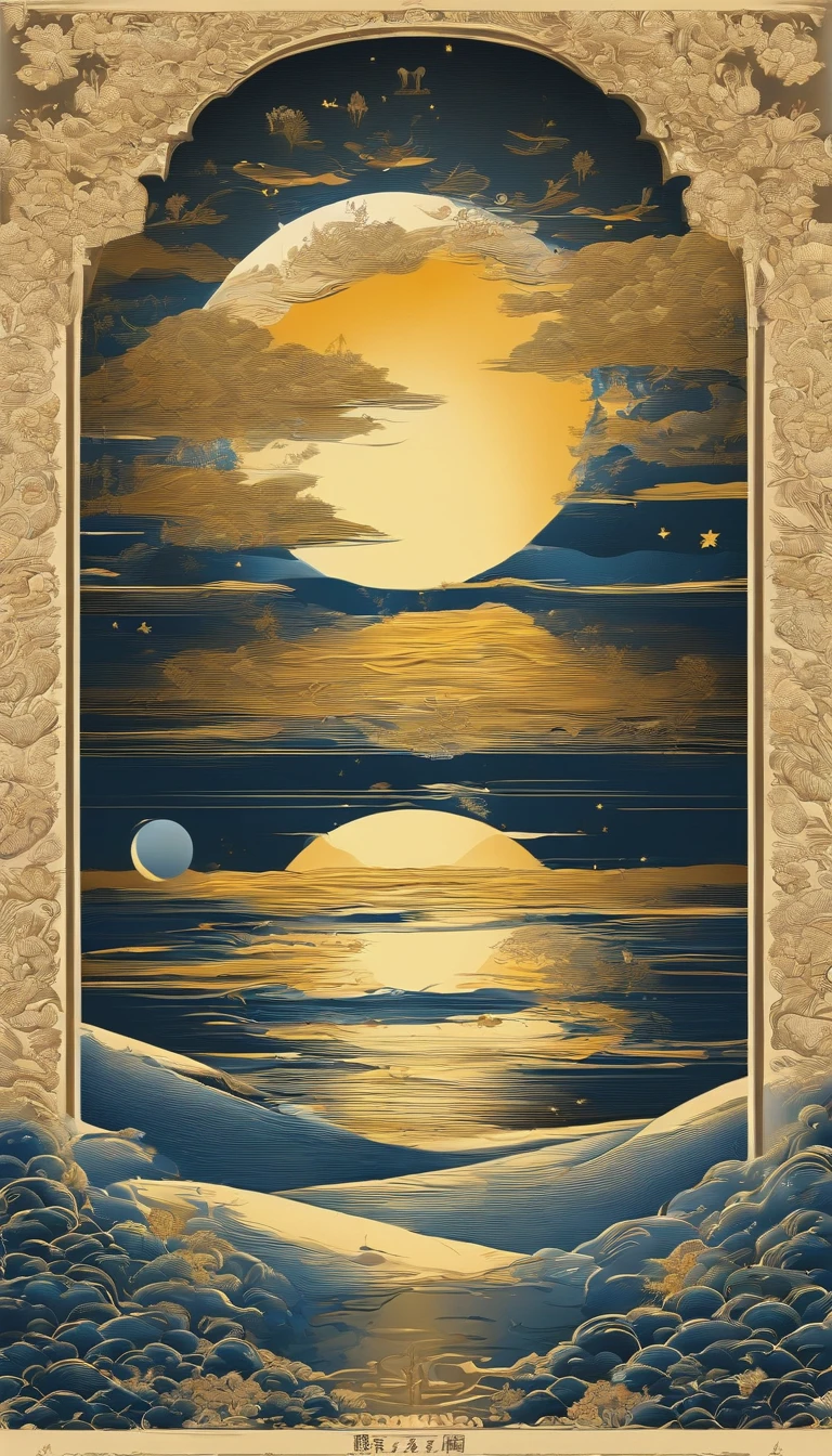Mid-autumn night view,Not a single person,Beautiful views,The moon is reflected on the waves,Heaven and earth are pure,Autumn colors are clear,Everything was beautiful,The starry sky hides its brilliance,Give way to moonshine,Golden wind and water dew reflect dazzling light