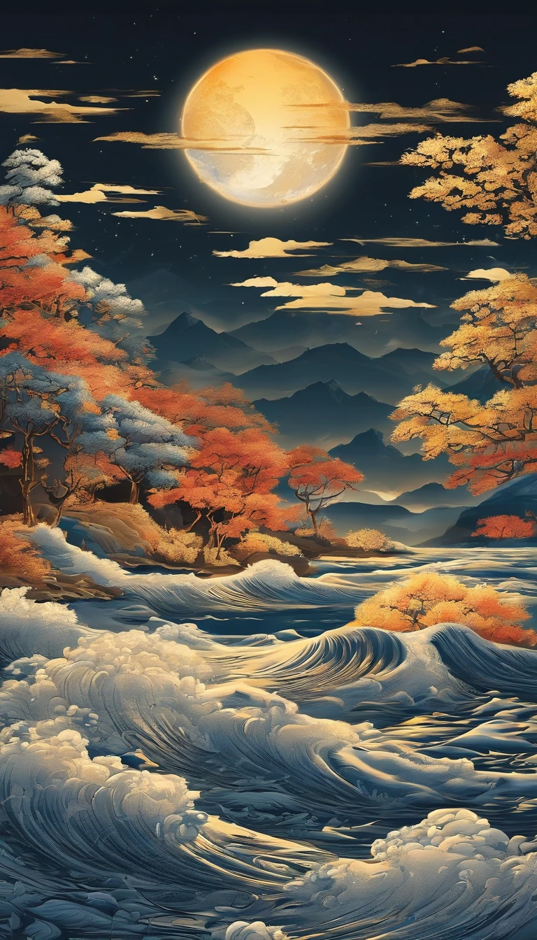 Mid-autumn night view，Not a single person，Beautiful views，The moon is reflected on the waves，Heaven and earth are pure，Autumn colors are clear，Everything was beautiful，The starry sky hides its brilliance，Give way to moonshine，Golden wind and water dew reflect dazzling light