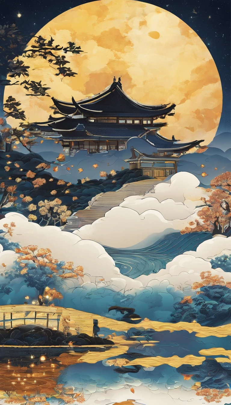 Mid-autumn night view,Not a single person,Beautiful views,The moon is reflected on the waves,Heaven and earth are pure,Autumn colors are clear,Everything was beautiful,The starry sky hides its brilliance,Give way to moonshine,Golden wind and water dew reflect dazzling light