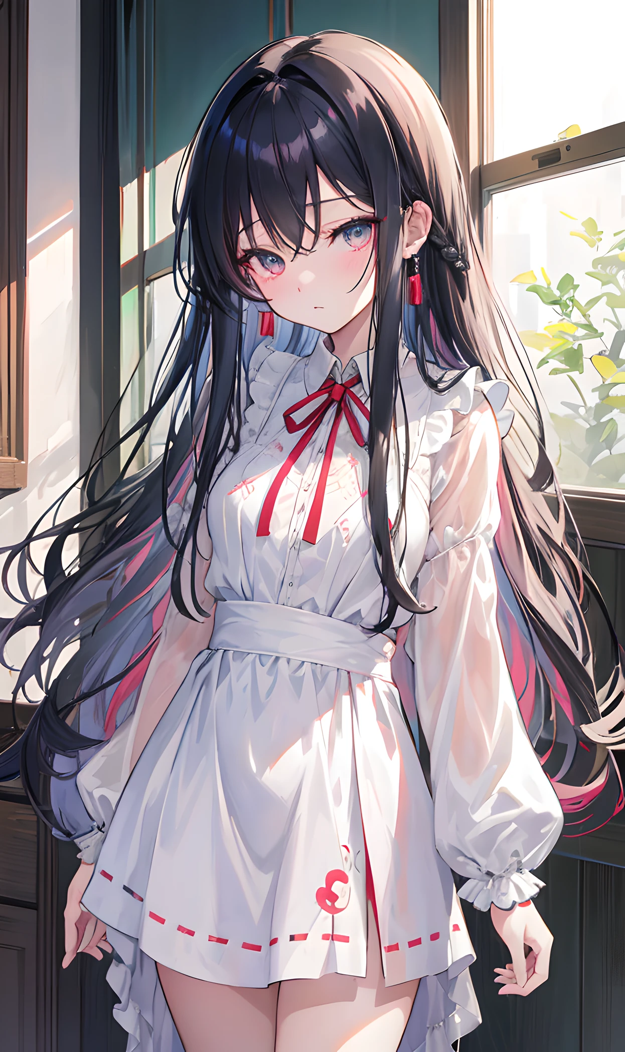 Long haired anime girl with laptop in front of door, nagatoro, Still from TV anime, iwakura lain, anime moe art style, in style of kyoto animation, Anime visuals of cute girls, official anime still, anime still, cel shaded anime, anime still frame, anime still image, a-1 pictures, Otome 02, Shooting with the Nikon Z7 II mirrorless camera,120mm F/4 Wide Angle Girl 02, 1girll, Long hair, view the viewer, Black hair, Long sleeves, Weaving a person in a white dress，Woman in black braid with blue and red pattern on neck, Liu Yifei, Art Nouveau fashion embroidery, Portrait of character, Aesthetics Top Quality, masutepiece, Cowboy Shot, flowing, 3DMM, ink sketch, color ink, Ink Rendering, rendering by octane, pastels, rice paper, 1girll, Beautiful detailed eyes, ultra-detailed hair, Graceful, (Charming), (Delicate), Pretty, Cute, Lace dress, Text in the center of the frame, Rhythm, Fantasy, view the viewer,（tmasterpiece，side slits，Beautiful eyes：1.2），（tmasterpiece*sportrait），sportrait，busts，（busts），Lifelike，anatomical correct，3D脸，luscious skin，（Solo），Dyeing blonde hair and pickaxe，Gradient Hair，（close up of face），lovely face，（Scarlet Eyes Like Fire Opal），Hanging eye corners，（（highdetailskin，Visible Pore）），（Perfect body），Buatigarh，Little Breast，（（）），（（pilot_Suit）），（Ear studs），（Lanyard），very short gloves，（chain）