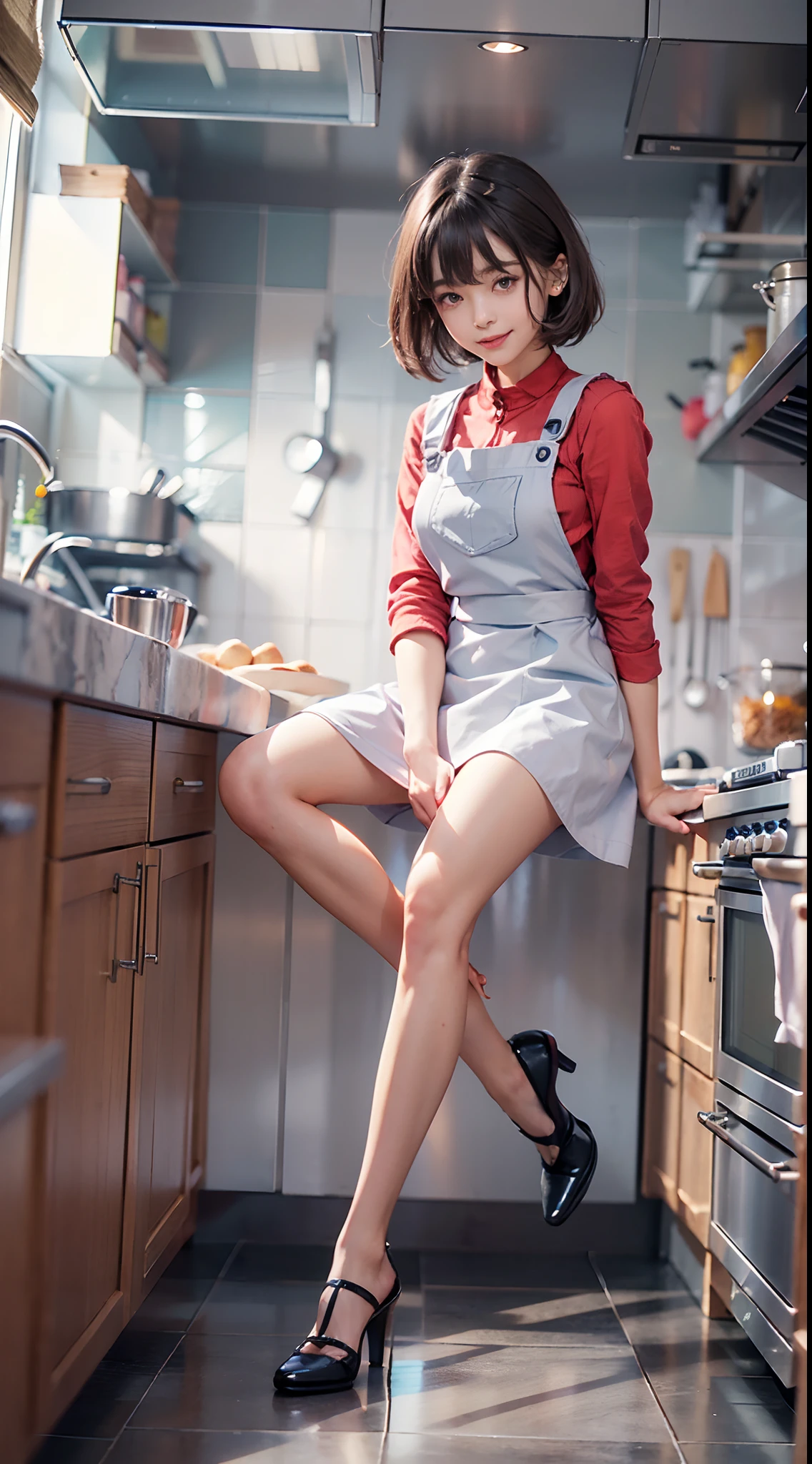(NSFW), 1womanl, Solo, 24 year old, 7headed body, (cute face), (Ideal ratio body proportions), ((Composition from head to thigh)), Kitchen room, (((pinafore))), (((Emphasis on the buttocks))), erectile nipple, Sexy body, Wet, Smiling smile, short-hair, Dark hair, small tits, A slender, Small buttocks, beauty legs, Skinny Legs, surrealism, Cinematic lighting, depth of fields, One-person viewpoint, F/1.8, 135 mm, nffsw, masutepiece, ccurate, ((Anatomically correct)), Textured skin, Super Detail, high details, High quality, awardwinning, Best Quality, hight resolution, 8K