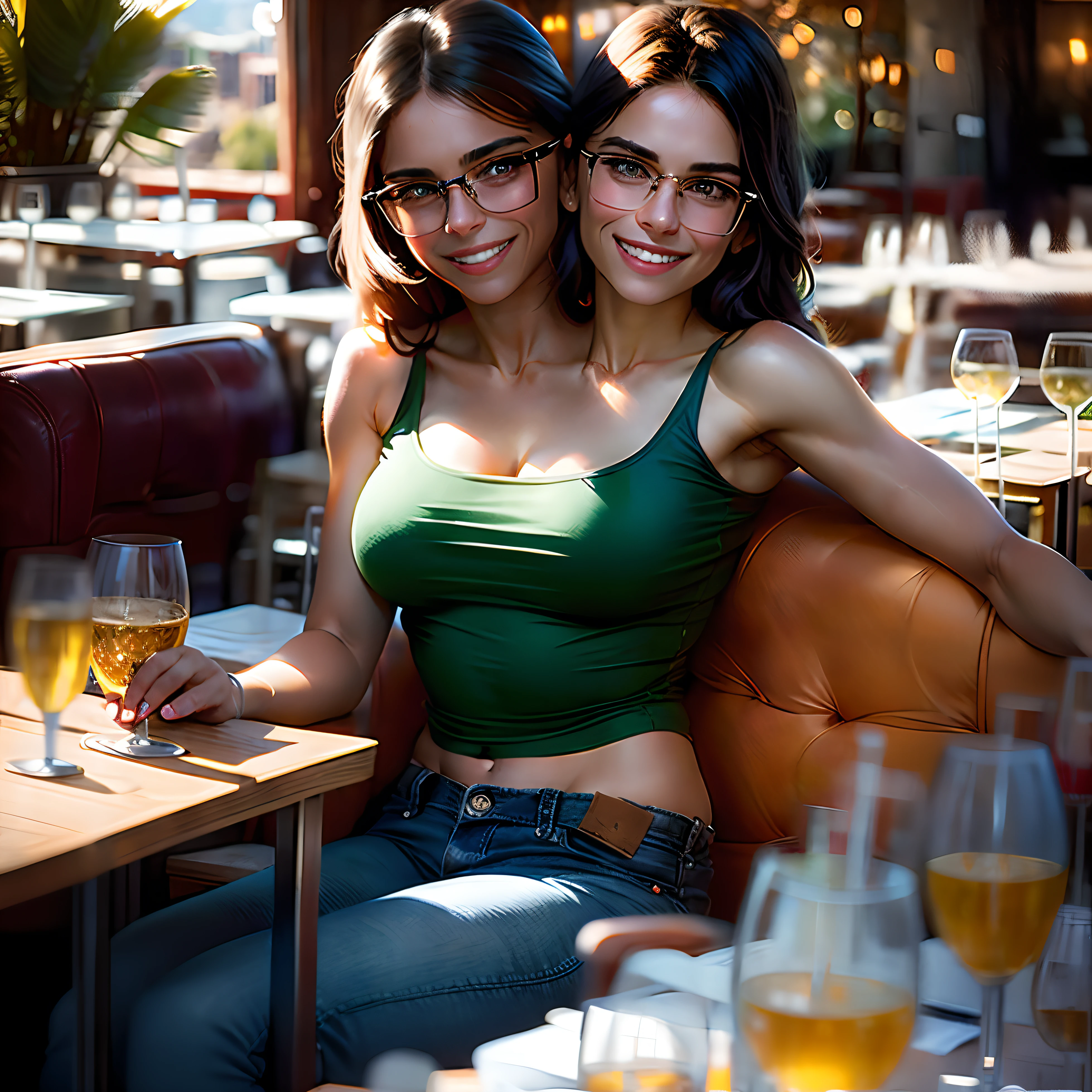 2heads:1.5, latina girl, 20 years old, black straight hair, hair down, green eyes, wearing tight blue jeans and a white tank top, rimmed glasses, smiling skinny, gums visible in smile, delicate body hair visible, visible acne on forehead, very detailed and realistic skin with some body hair on arms, sitting in restaurant chair