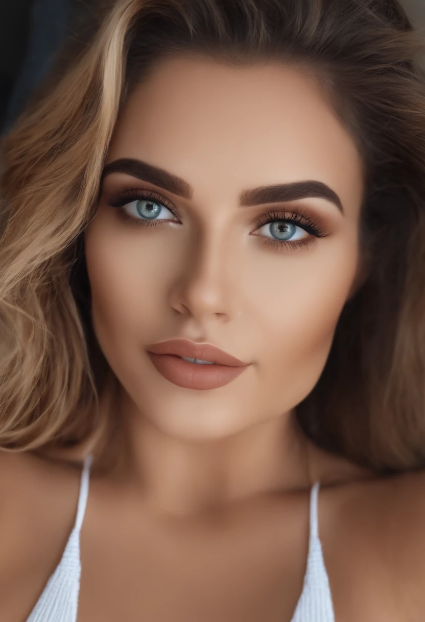 mulher arafed totalmente , com olhos azuis, ultra realistic, meticulosamente detalhado, cabelos loiros e olhos grandes, selfie de uma jovem mulher, Olhos do quarto, sem maquiagem, maquiagem natural, Looking directly at the camera, Rosto com ArtGram, maquiagem sutil, impressionante tiro de corpo inteiro ajoelhado na cama, no quarto, medium to large bust, no-bra