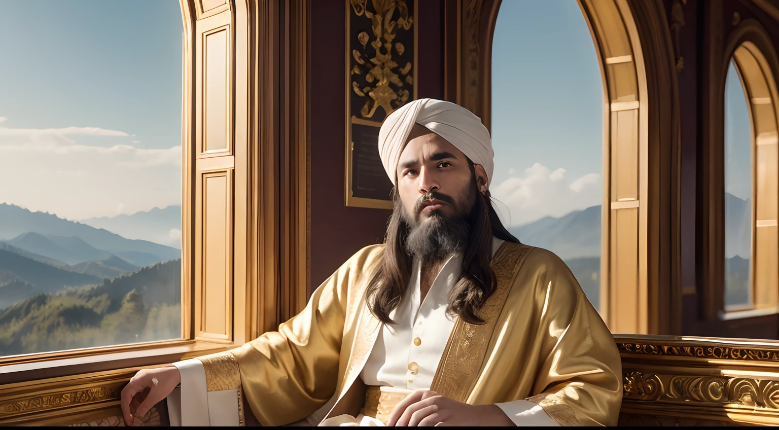 ((masterpiece)), ((best quality)), 8k, high detailed, ultra-detailed, gold cots, king cots, a pashtun king sitting above cot, wears gold adornments, beside a window to the forest, The men wear white gold turban, silk gold pashtun robes, handsome, black beard, young, morning light, sunlight realistic light, 16k, UHD, ultra sharp backgrounds, ultra high res, RAW photo, best, masterpiece, best quality, high quality, extremely detailed there RAW photo, majestic, mystical, ethereal atmosphere, vibrant colors, intricate details, breathtaking view, a sense of wonder and awe., cinematic, UHD, Photorealistic, front view, inside of big gold palace