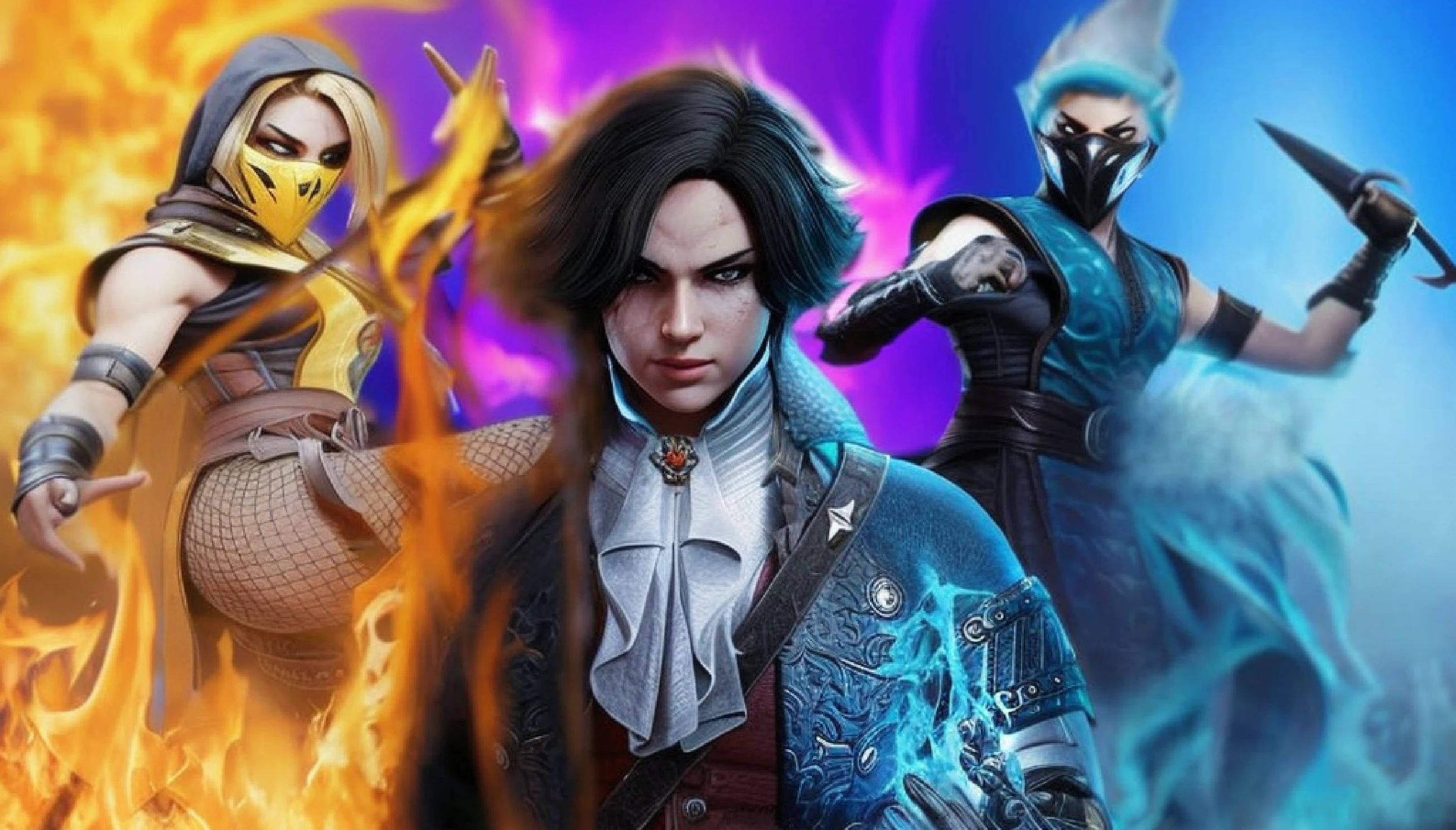a group of people in costumes standing next to each other, game characters, style of mortal kombat, fighting fantasy style image,