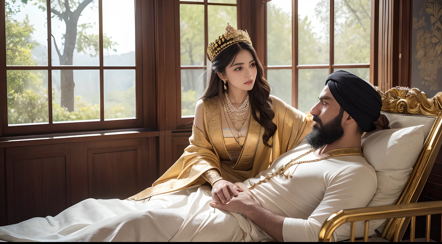 ((masterpiece)), ((best quality)), 8k, high detailed, ultra-detailed, gold cots, king cots, a pashtun king sitting above cot, wears gold adornments, beside a window to the forest, The men wear white gold turban, silk gold pashtun robes, handsome, black beard, young, morning light, sunlight realistic light, 16k, UHD, ultra sharp backgrounds, ultra high res, RAW photo, best, masterpiece, best quality, high quality, extremely detailed there RAW photo, majestic, mystical, ethereal atmosphere, vibrant colors, intricate details, breathtaking view, a sense of wonder and awe., cinematic, UHD, Photorealistic, front view, inside of big gold palace