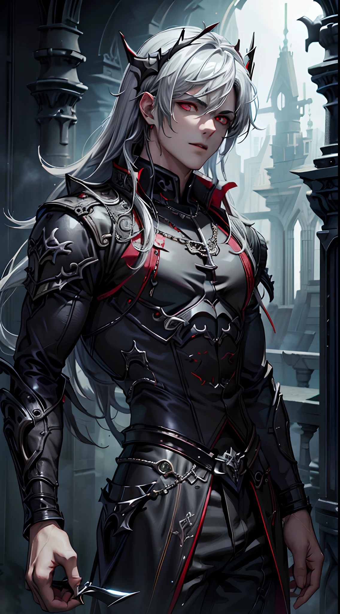 (Man), (Solo), 1boy, high resolution, ultra detailed, best quality, amazing, top quality, extremely detailed CG unity, Vampire Guy, detailed glowing red eyes, white pale skin color, devil crown, depth of field, black red Royal clothes, half body, cinematic lighting, dark boy, silver long hair, red eyes, killer machine, foggy atsmophere, sparkling bloods, darkness, fantasy,