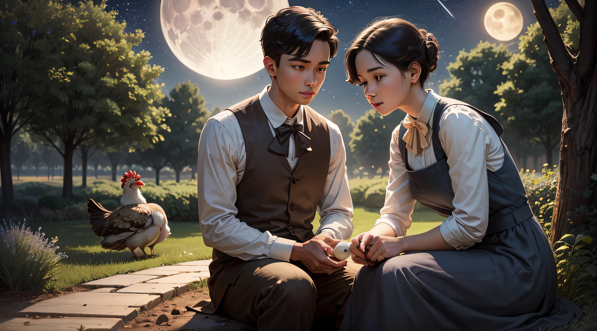 Edison, a young scientist, and his mom speak in the yard,Watch a hen hatch eggs,There are trees in the yard,There is a fence,There is a big moon in the sky,There are shooting stars in the sky