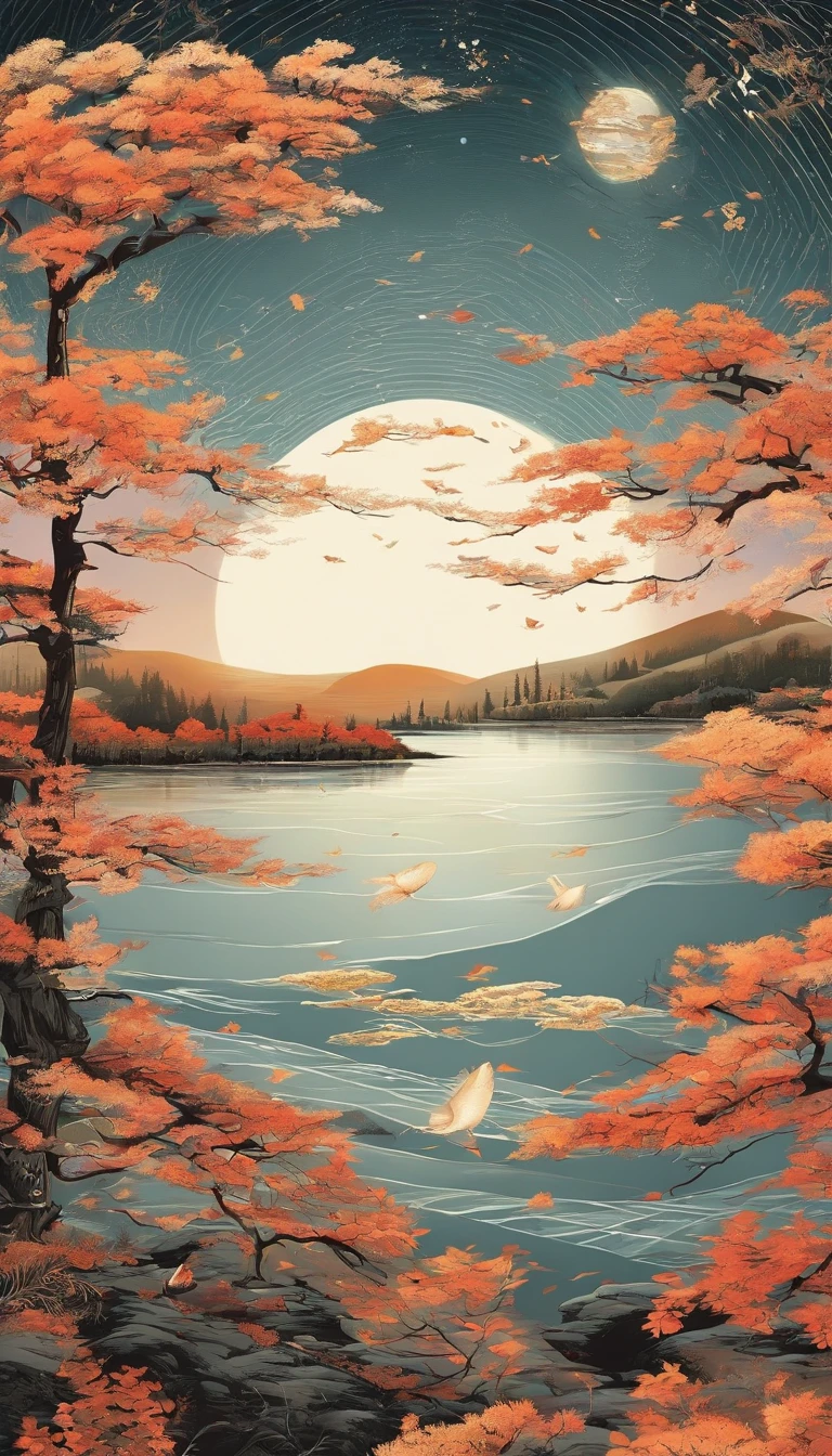 Mid-autumn night view,Not a single person,Beautiful views,The moon is reflected on the waves,Heaven and earth are pure,Autumn colors are clear,Everything was beautiful,The starry sky hides its brilliance,Give way to moonshine,Golden wind and water dew reflect dazzling light