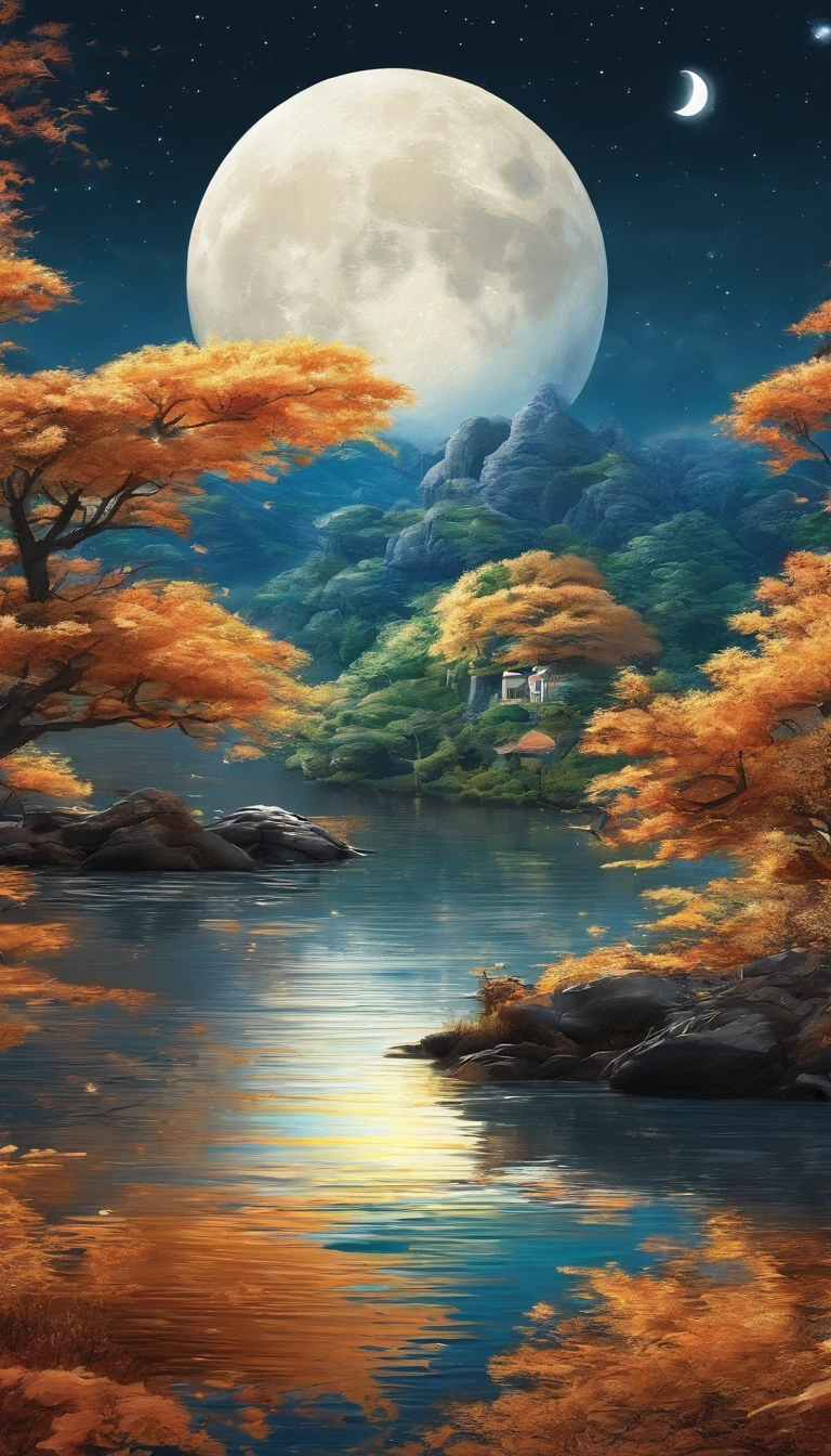 Mid-autumn night view,Not a single person,Beautiful views,The moon is reflected on the waves,Heaven and earth are pure,Autumn colors are clear,Everything was beautiful,The starry sky hides its brilliance,Give way to moonshine,Golden wind and water dew reflect dazzling light