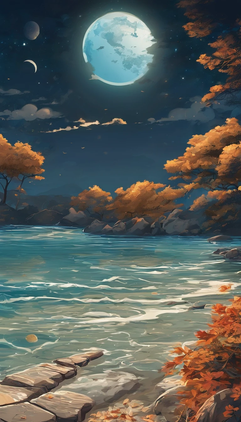 Mid-autumn night view,Not a single person,Beautiful views,The moon is reflected on the waves,Heaven and earth are pure,Autumn colors are clear,Everything was beautiful,The starry sky hides its brilliance,Give way to moonshine,Golden wind and water dew reflect dazzling light